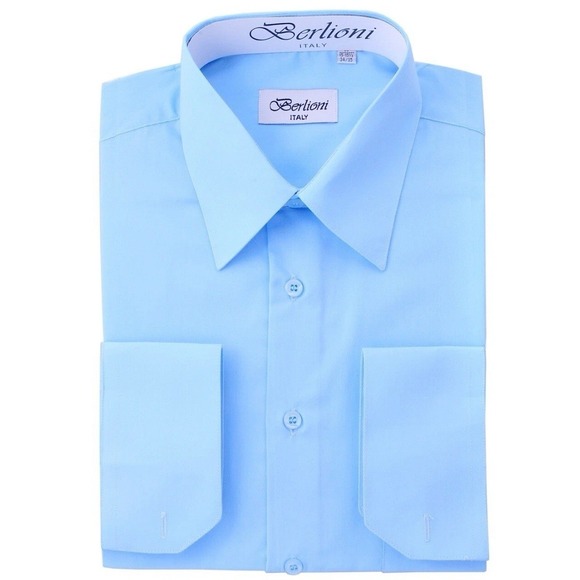 New Berlioni Italy Men Classic French Convertible Cuff Solid Blue Dress Shirt XL - Picture 1 of 2